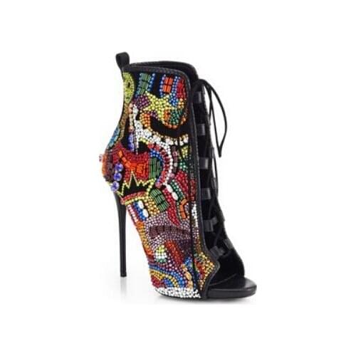 Hot Sexy Lace-up Booties Colorful Crystal Covered Open Toe High Heel Sandal Boots Celebrity Rhinestones High Heel Ankle Boots