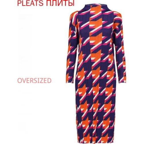 Miyake pleated geometric print long sleeve dress