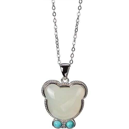 S925 sterling silver Hetian jade turquoise pendant personalized bear cute and graceful ladies clavicle chain set chain