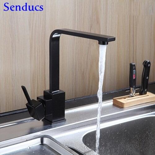 Senducs Black Bronze Kitchen Faucet Quality Brass Kitchen Sink Mixer Tap Single Handle Hot Cold Square Kitchen Sink Faucet