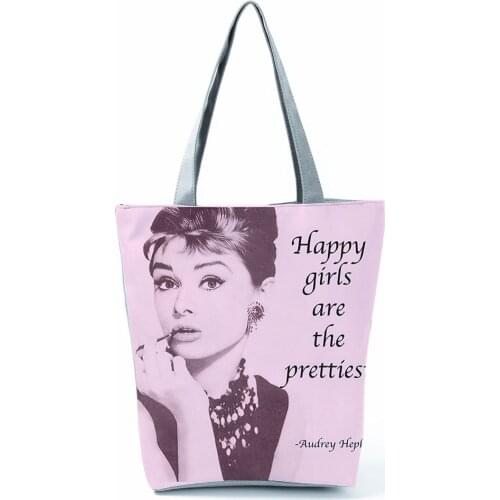 Audrey Hepburn Printed Handbag Retro High Capacity Women Shoulder Bag Fashion Pink Eco Reusable Shopping Bag Can Custom Pattern