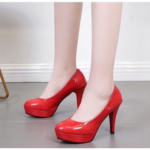 Women Pumps Fashion Classic Patent Leather High Heels Shoes Nude Sharp Head Paltform Wedding Women Dress Shoes Plus Size 34-42