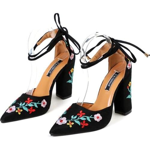 Zapatos De Tacón Alto Con Bordado Flores Para Mujer, Tacones Talla Grande, Correa En El Tobillo, Dos Piezas, Se