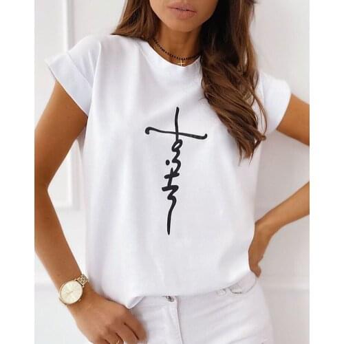 2020 Women Summer Elegant Print Short Sleeve Casual T-shirt Lady Fashion Round Neck Top