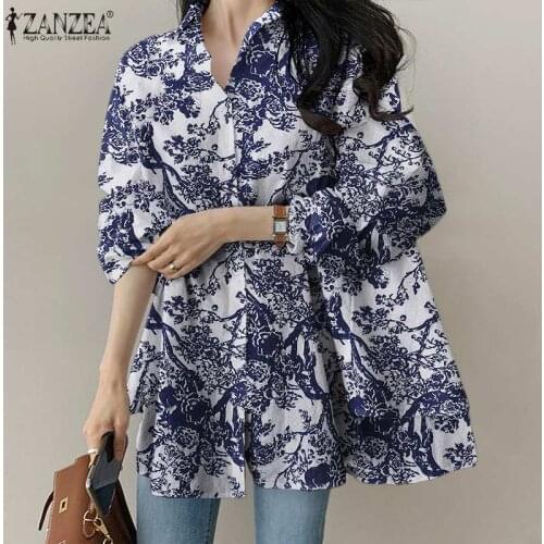 Autumn Office Work Bohemian Tops 2021 ZANZEA Floral Cotton Shirt Women Casual Long Sleeve Lapel Blouse Female Oversized Chemise
