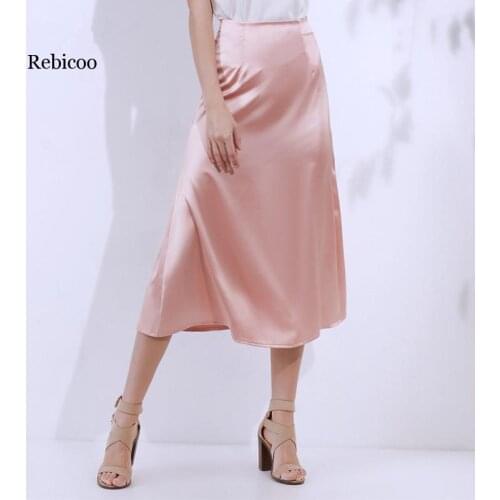 Womens Pink Green Silk Satin Skirt Vintage Korean Style Long High Waist Midi Skirt For Women A-Line Elegant Skirts Summer