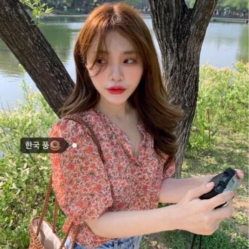 Girly Korean Chic Sweet Floral Loose Short-sleeved Chiffon Shirt Short-sleeved Top