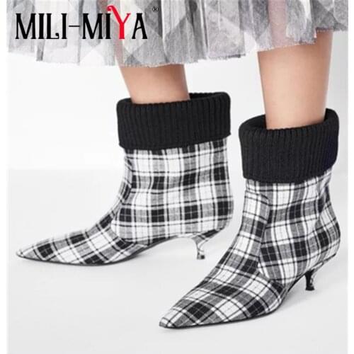 MILI-MIYA Famous Design Women Ankle Boots Pointed Toe Grid Cloth/Cow Leather Thin Heels Slip-On Plus Size 34-43