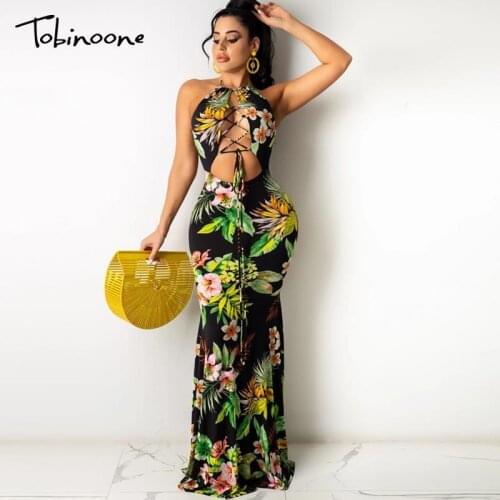 Tobinoone Drawstring Halter Print Maxi Dress Women Backless Lace Up Hollow Out Sexy Dresses Summer Sleeveless Slim Patry Robes