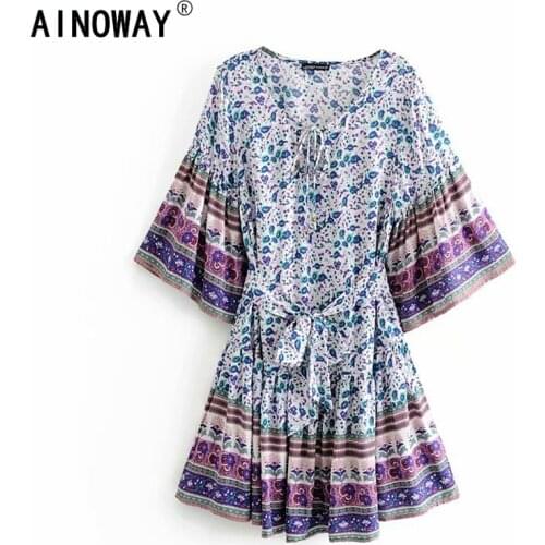 Boho Summer women Floral Print Sashes pleated Mini Dress ladies batwing Sleeve V Neck Beach Dresses Vestidos Mujer