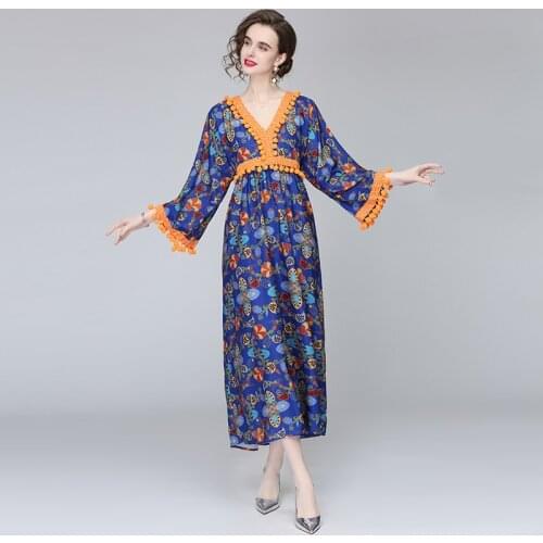 Womens V Neck Beach Bohemia Tassels Dress Maxi Boho Printed Floral 2021 Runway Slim Casual Blouses Blusas Swing Dresses Clothes