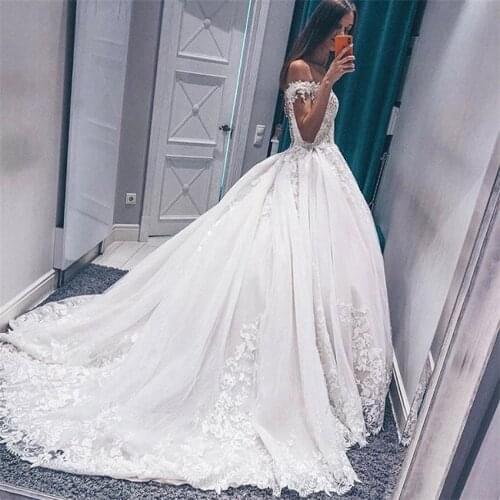 2020 Princess Off Shoulder Wedding Dress Sweetheart Vestido de noive Lace Top Appliques Bride Dress Chapel robe de mariee