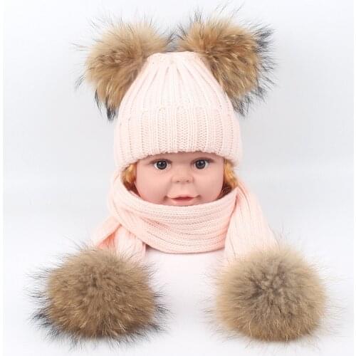 2020 Winter Knitted Kids Scarf Raccoon Fur Ball Baby Boy Hats Flexible Cute Girls Scarfs Warm Children Clothes Set Toddler Hat