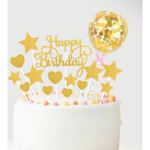 1Set Foil Ballon Heart Star Glitter Happy Birthday Cake Topper Cupcake Baking Dessert Topper Supplies Baby Shower Birthday Decor