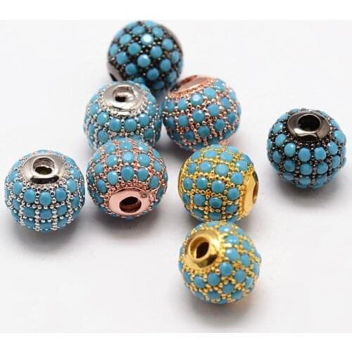 10pcs 8mm Mixed Color Round Brass Micro Pave Cubic Zirconia Charm Metal Rhinestone Beads for Jewelry Making DIY Bracelet