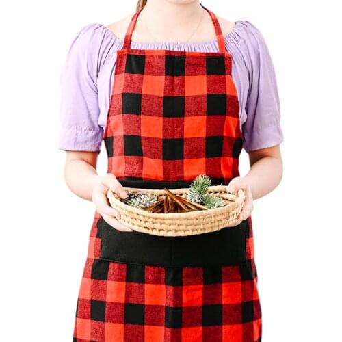 2020 Unisex Christmas Overalls Front Pockets Aprons Long Straps Plaid Halter Apron for Chef Waiter