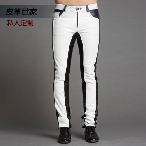 29-37 ! Mens New Clothing High Quality Fashion Color Block Genuine Leather Pants Calf Skin Leather Trousers Singer Costumes