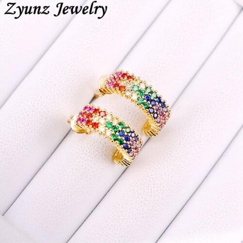 6 Pairs, Gold filled rainbow bar cz micro paved stud earrings