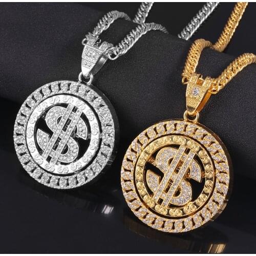 75G Thick Chain US Dollar Sign Necklaces Full Rhinestone Rotatable Dollar Pendant For Mens Trendy Hip Hop Nightclub Jewelry