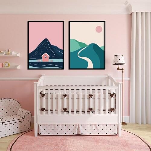 Abstract Landscape Mountain Sun Rain Swim Illustration Poster and Prints Wall Art Canvas Painting Nordic Pictures for Home Decor