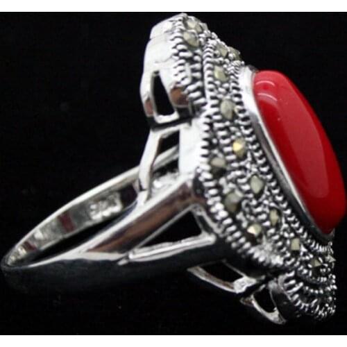 Free Shipping 24*16mm Vintage 925 Silver Oval Red Coral Marcasite Ring Size 7/8/9/10