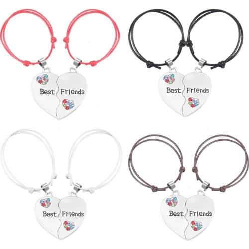 Multicolored Leather Best Friend Bracelet For Women Men Heart Shaped Crystal Pendant Adjustable Bracelets Jewelry Gift 2021