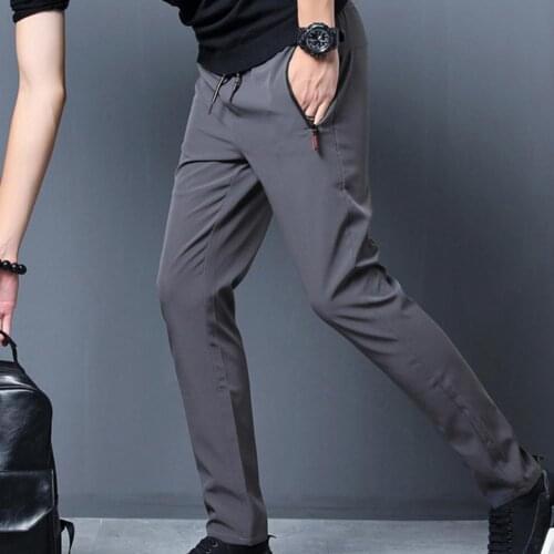 Summer Men Pants Solid Color Quick Drying Drawstring Ankle Tied Zipper Pockets Thin Trousers Waterproof Outdoor Sports Plus Size