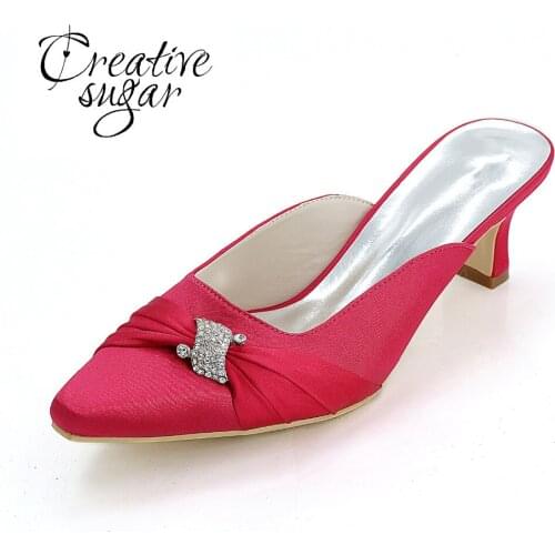 Creativesugar lady satin Mules hoof heel evening dress shoes elegant party pointed toe half slippers rhinestone pleated rose red