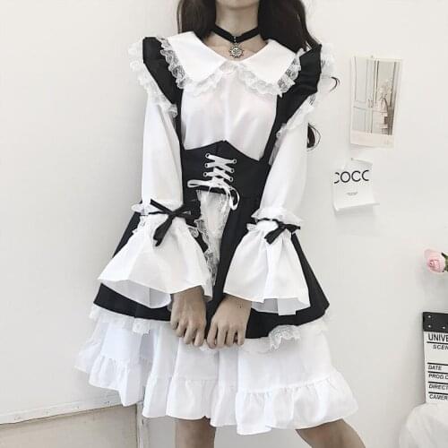 Gothic Lolita Japanese Style Lace Black Bow Kawaii Maid Outfit Flared Sleeves Dresses Fashion Sweet Girls Cosplay Costumes 2021