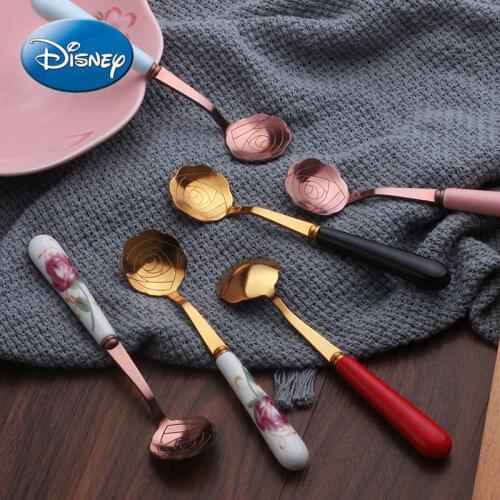 Disney Creative Stainless Steel Coffee Spoon Gilded Rose Spoon Ceramic Handle Tea Spoon Flower Tea Spoon