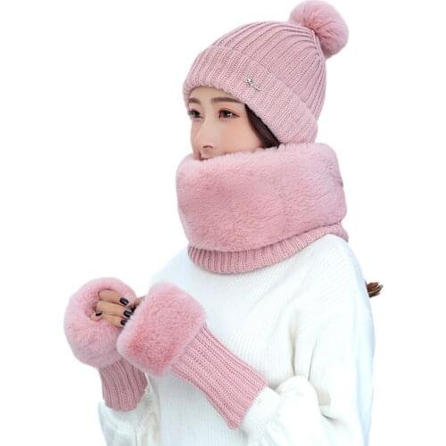 3 Pieces Set Womens Winter Hat Scarf Gloves Cotton Knit Ladies Winter Beanies Bib Collar Gloves Girls Hat And Scarf Set