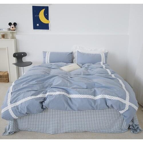 Bedding Set , Blue Cotton Washed Cotton Bed , Four - Piece Set , Simple Nordic Style Double Bed Single Quilt Cover 100% Cotton