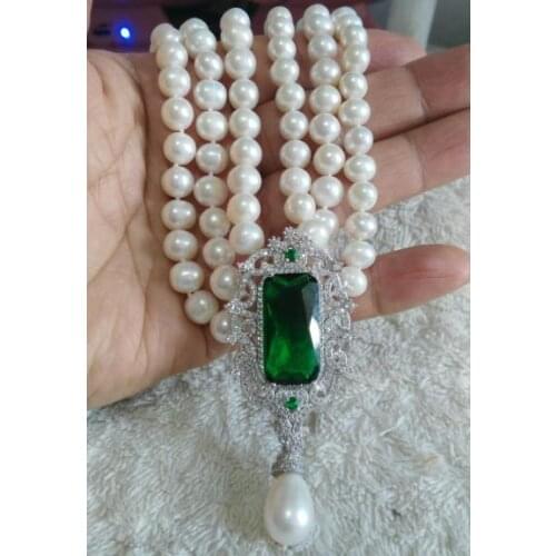 Triple strands 9-10mm south sea round white pearl necklace pendant 18"19"20" KKK