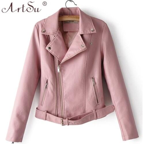 ArtSu Autumn Women PU Faux Leather Jacket Basic Zipper Pink Short Coats Winter Female Cool Motorcycle Belted Slim Jackets Black