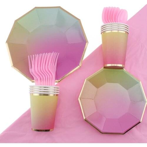 Decagon Pink Gradient Set Birthday Valentines Day Wedding Party Decoration Supplies Disposable Tableware Set Party Supplies