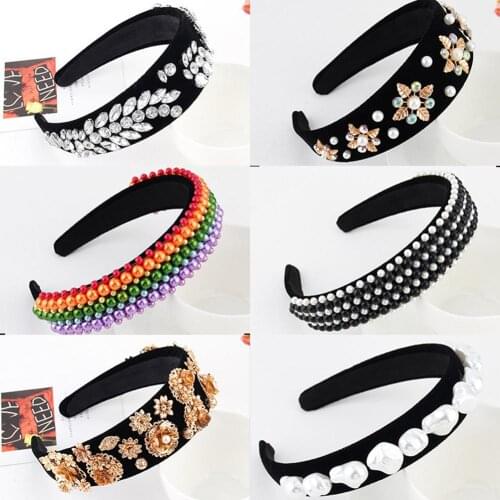 Women Girl Bright Rhinestone Faux Pearl Jewelry Headband Wide Brim Hair Hoop cheuveux accessoire свадебный головной убор