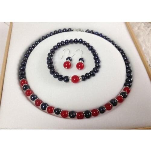 Black Pearl Red Jade Necklace Bracelet Earring Set 18" AAA New 7-8mm