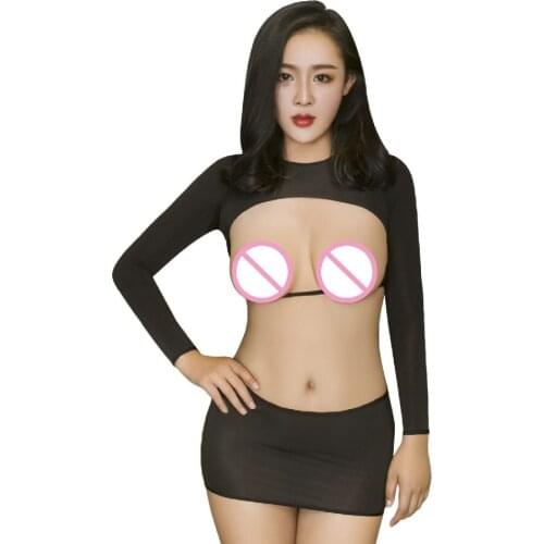 Sexy Tight High-Elastic Hollow Out Dew Buttocks Short Skirt Long Sleeve Bare-Breasted Clothes Two-piece Set Glossy Multicolor