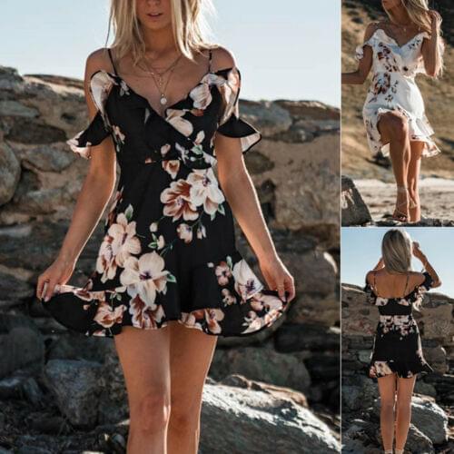 Summer Women New Sleeveless V-Neck Beach Sling Print Dress Ruffle Mini Casual Flying Sleeve Sundress Chiffon Holiday Dress