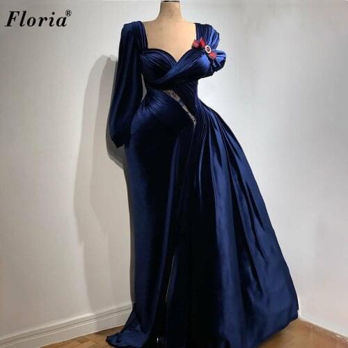 Plus Size Navy Blue Prom Dresses Mermaid Long Sleeve Dubai Evening Dresses For Women Formal Cocktail Party Gowns вечернее платье