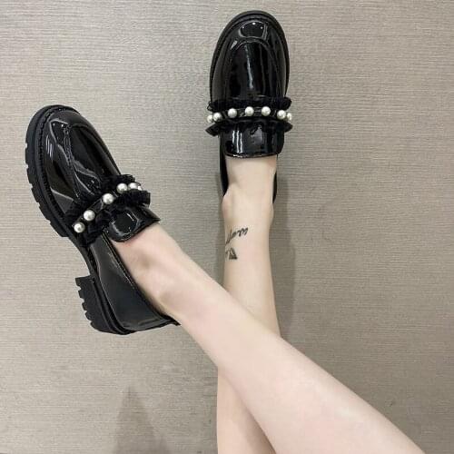 Black Oxford Shoes Women Lady Pearl Slip on Leather Shoes Female Loafers 2021 Spring Fashion Women Plaform Oxford Shoes Pumps