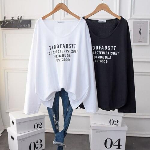 Fall Women Long Sleeve Casual Cotton T Shirt 2021 Large Size Letter Printing V Neck Basic Tee Top White