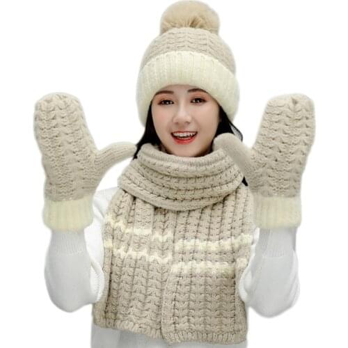 Women Winter 3 Piece Pompom Beanie Hat Long Scarf Gloves Set Contrast Color Chunky Knit Plush Lined Skull Cap Windproof Neck Wa