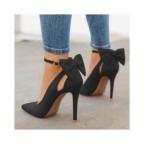 Womens shoes 2021 high heels pointed toe stiletto large size hollow bow suede fashion shoes trend size 43