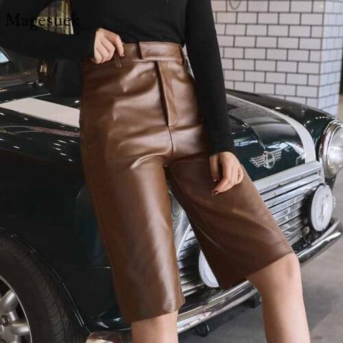 PU Leather High Waist British Style Autumn Winter Women Short Plus Size Casual Overalls Streetwear Motor Fashion Trouser 11334