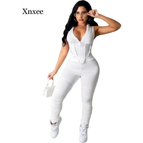 Summer Womens Suit Casual 2-Piece Hooded Sleeveless Zipper Top and Pants Bandage High Street Fashion Casual Suit