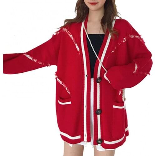 Autumn Women Sweater Fashion Cardigan Loose Long Sleeve V-neck Big Pocket Letter Printing Thicken Knit Jacket Winter