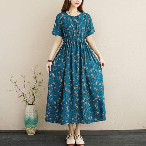 Women Cotton Linen Casual Dress New Arrival 2021 Summer Arts Style Floral Print Loose Ladies Elegant A-line Long Dresses B062