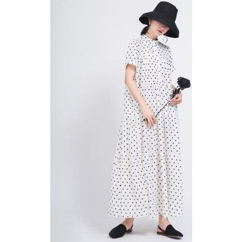 Casual Loose Dress For Women Stand Collar Short Sleeve Ruched Temperament Polka Dot Midi Dresses Female Fashion New Clothing