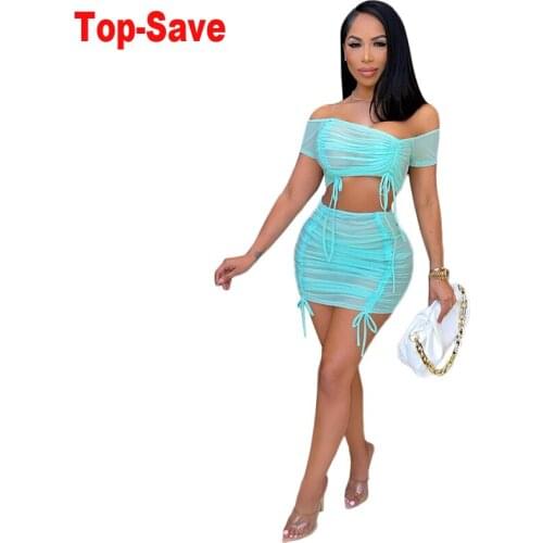 2021 New Arrival Beach Sexy Dress Women Two Piece Set Club Outfits Summer Hollow Tops And Mini Skirt Short Sleeve Mesh Bodycon